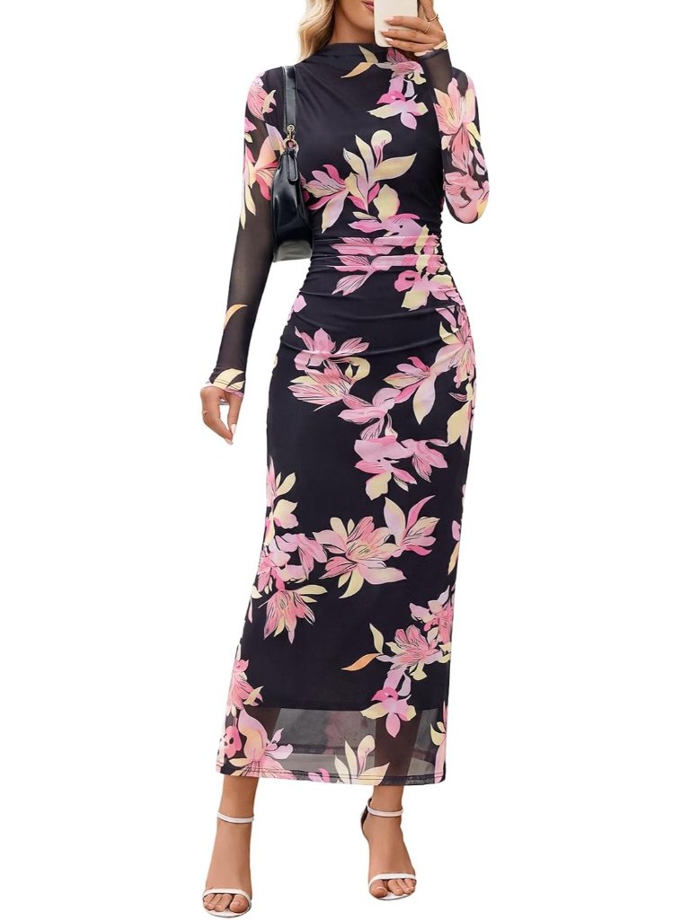 Women's Pink Floral Mock Neck Long Sleeve Floral Cocktail Bodycon Maxi Dress